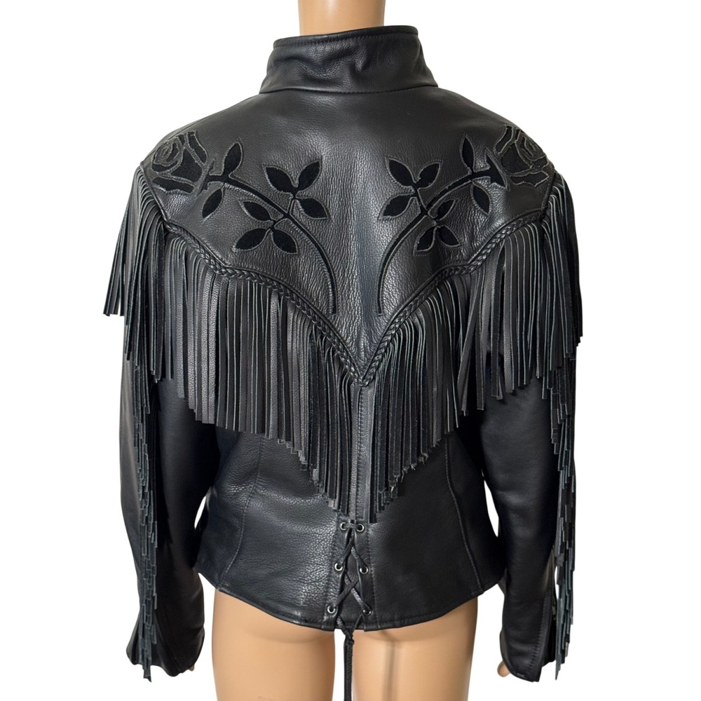 Fashions by Rose Vintage Black Leather Fringe Western Biker Jacket Floral US 16 - Picture 2 of 9